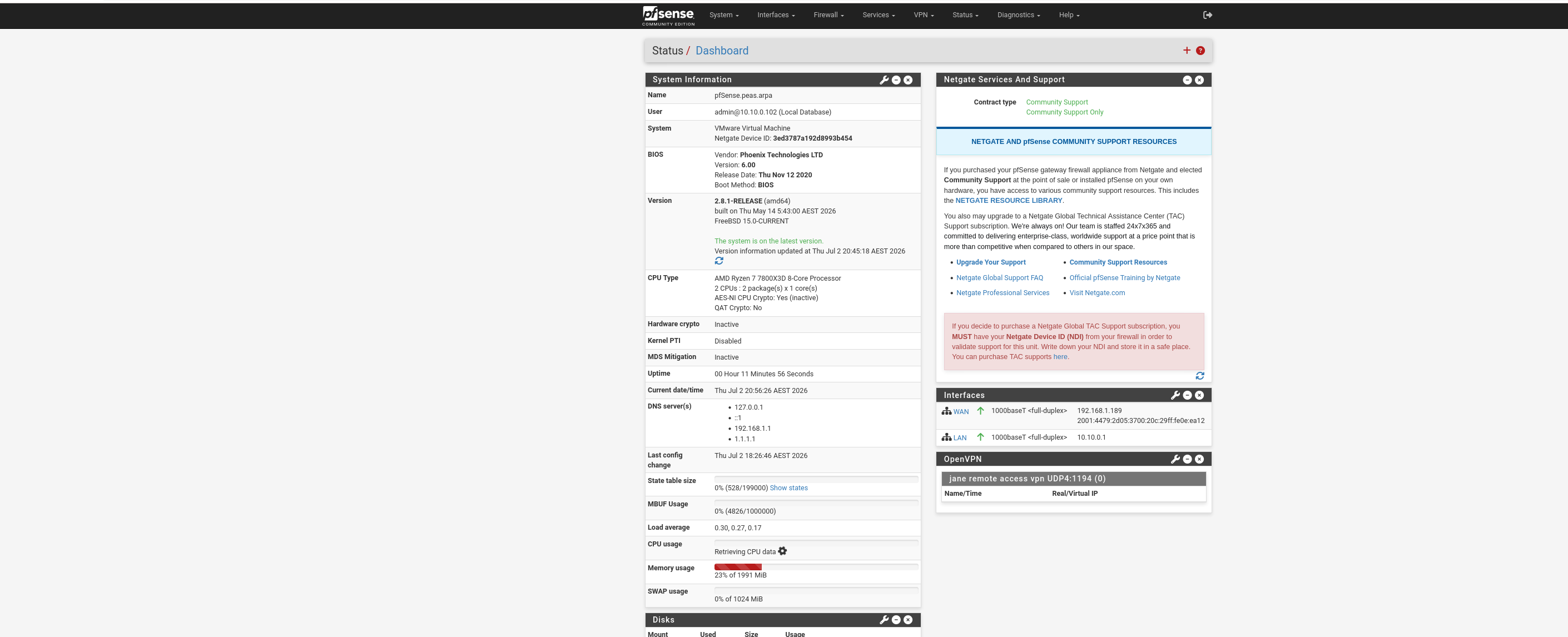 pfSense dashboard after the rebuild