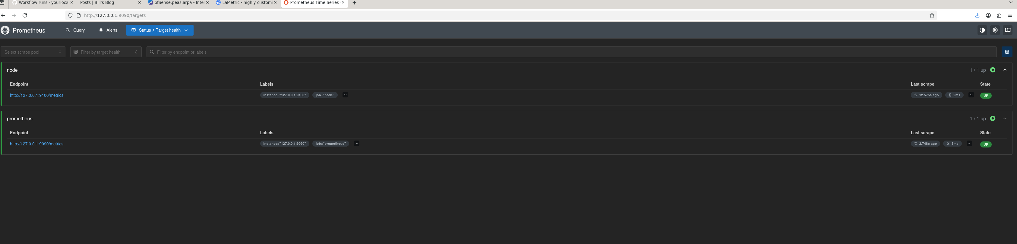 Prometheus /targets — node and prometheus both UP