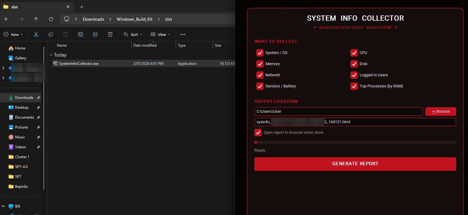 The executable built and running on Windows 11 — same theme, same categories