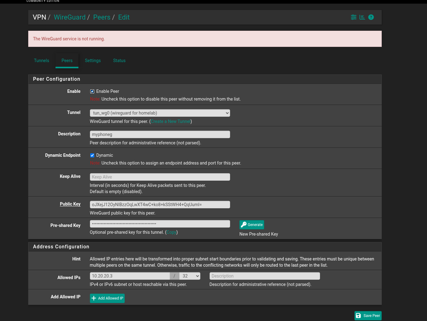 Peer configuration on pfSense
